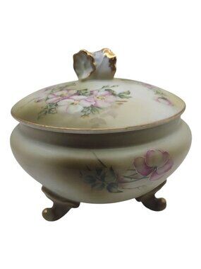 Vintage Nippon Hand Painted Floral Footed Porcelain Trinket Box Vanity Jar & Lid